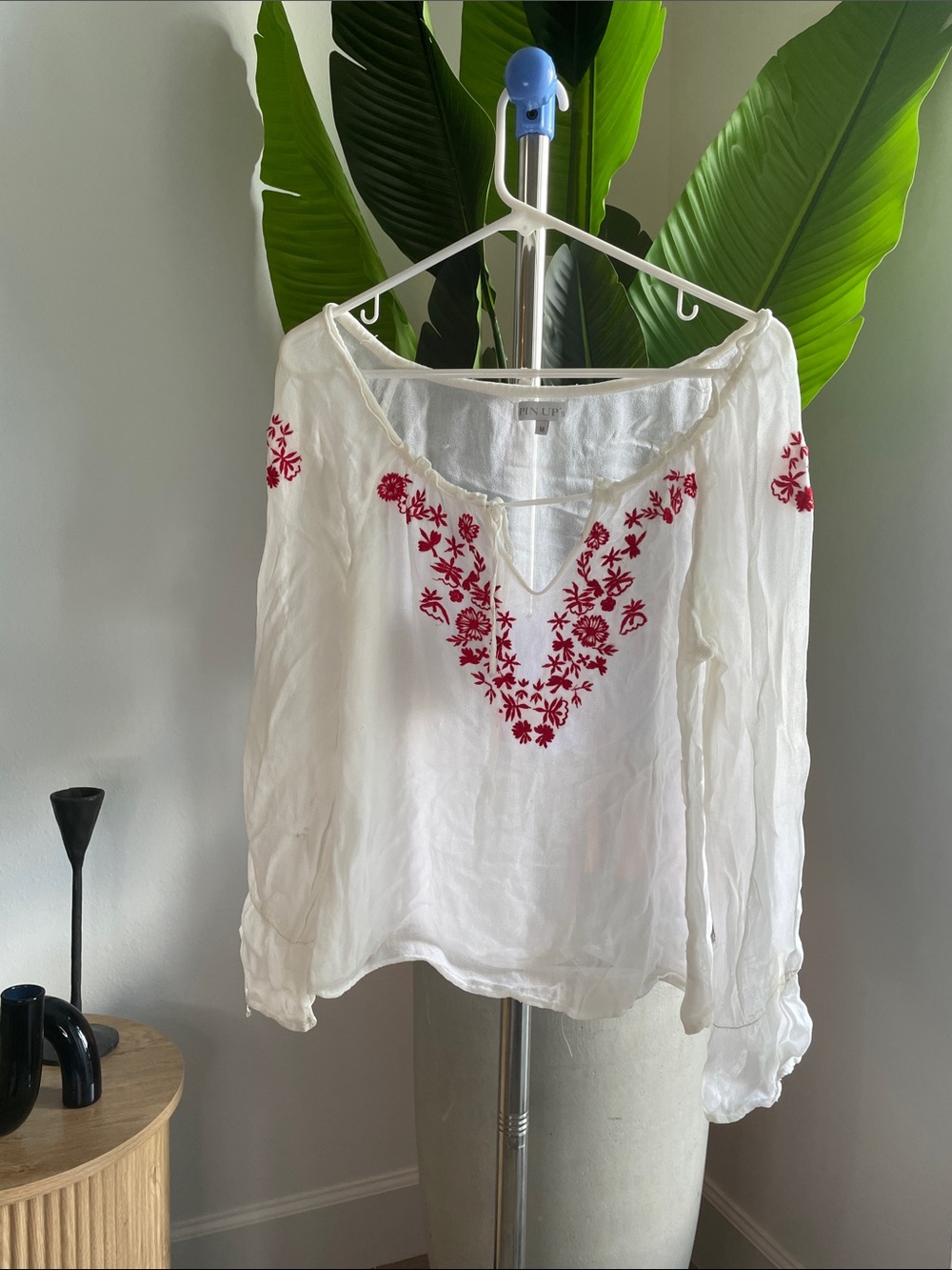 White Long-Sleeve Peasant Blouse with Red Floral Embroidery